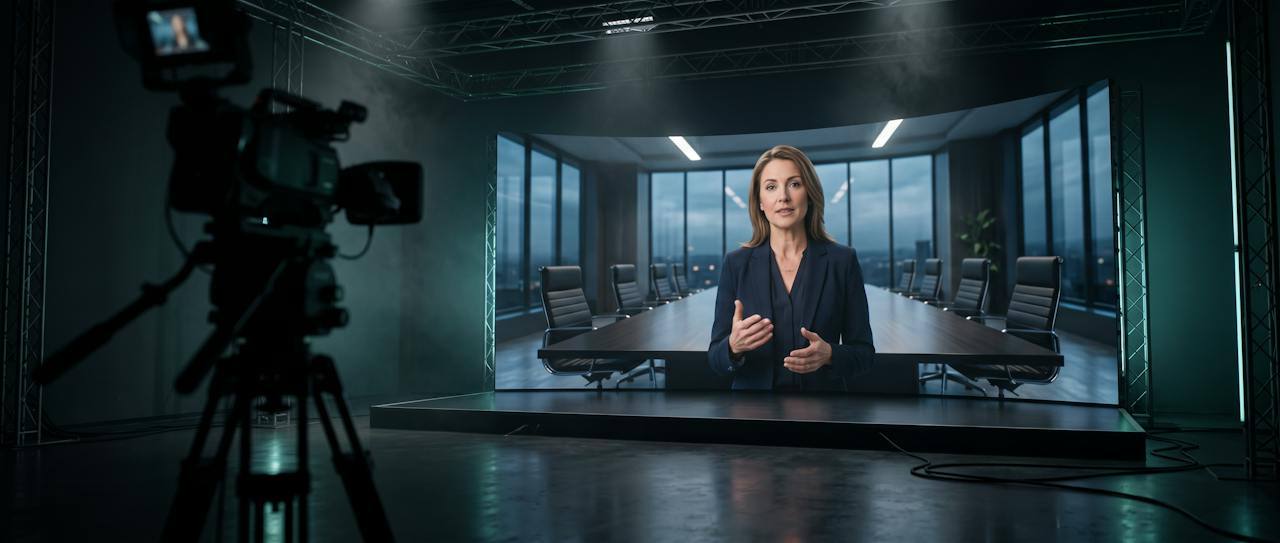 Awatar prowadzący szkolenie na ekranie w studiu