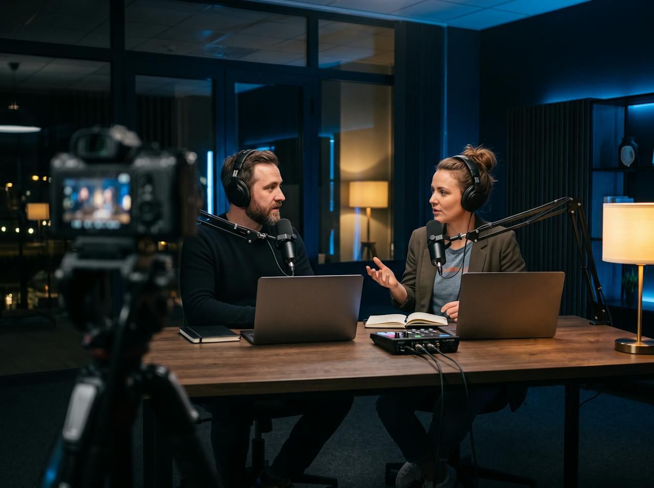 Dwie osoby nagrywające podcast przy mikrofonach