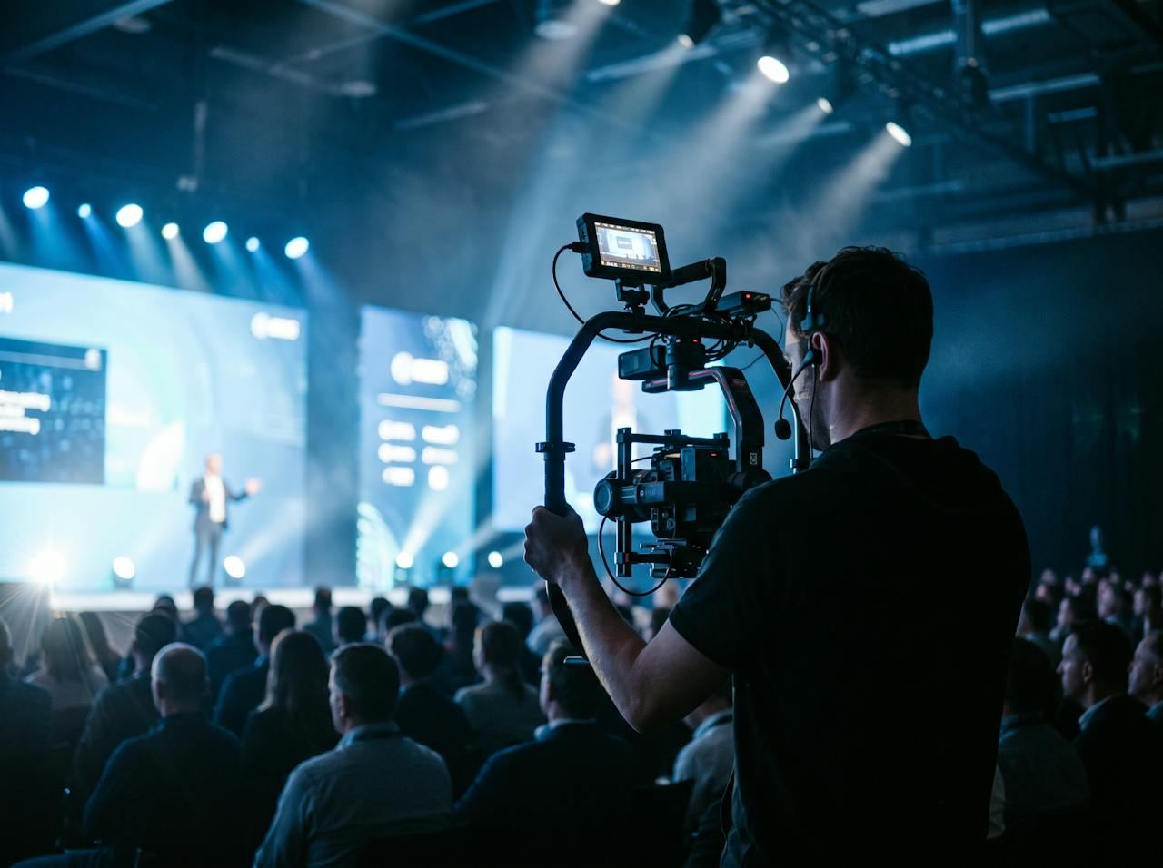 Operator z gimbalem filmuje konferencję